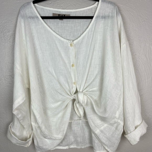 FLAX Linen White Button Down Long Sleeve Button Up Ruffle Hem Blouse M - Picture 2 of 10